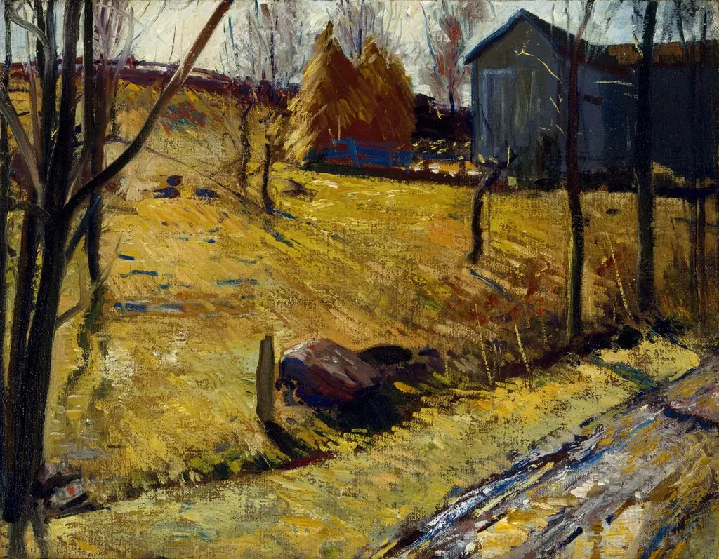 Haystacks and Barn, by George Bellows, oil, 1909