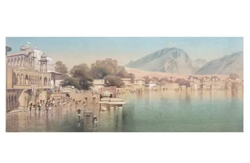 View of Pushkar Lake and the bathing ghats, near Ajmer, by Frederick William Alexander De Fabeck, paint, 1860