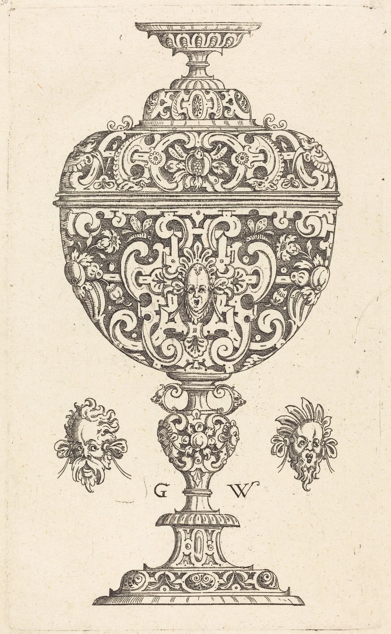 Goblet decorated with a masque with open mouth, detail