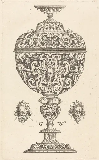 Goblet decorated with a masque with open mouth, by Georg Wechter I, ink, 1579