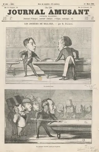 La première lecon ... ; Un monsieur ... ; Collé sous bande; Deux amateurs de la banlieue, by Honoré Daumier, ink, 1865