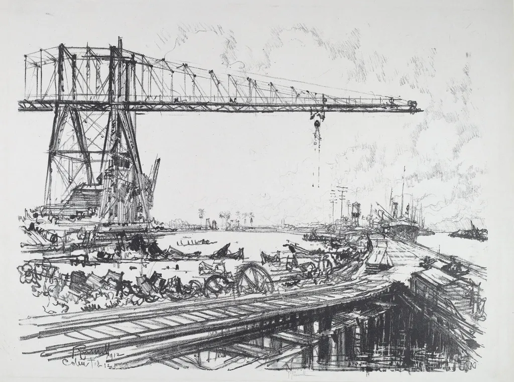 French Canal and American Cranes, by Joseph Pennell, ink, 1912