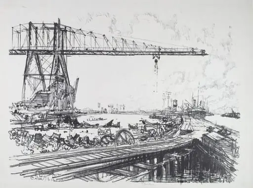French Canal and American Cranes, by Joseph Pennell, ink, 1912