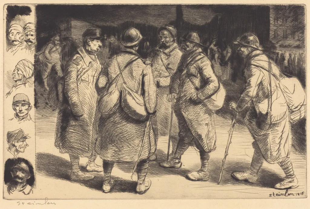 Soldiers on Leave - Night Scene (Permissionnaires - Effet de Nuit), by Théophile Alexandre Steinlen, ink, 1916