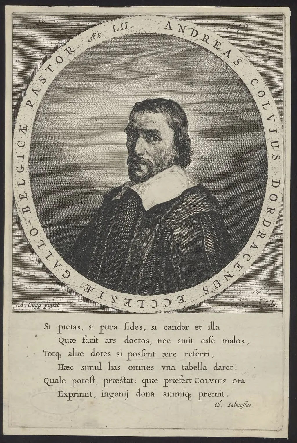 Portrait of Andreas Colvius, Walloon minister in Dordrecht, by Saverij Salomon, unspecified, 1646
