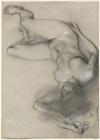 Nude Woman Lying on the Ground, by Franz von Stuck, chalk
