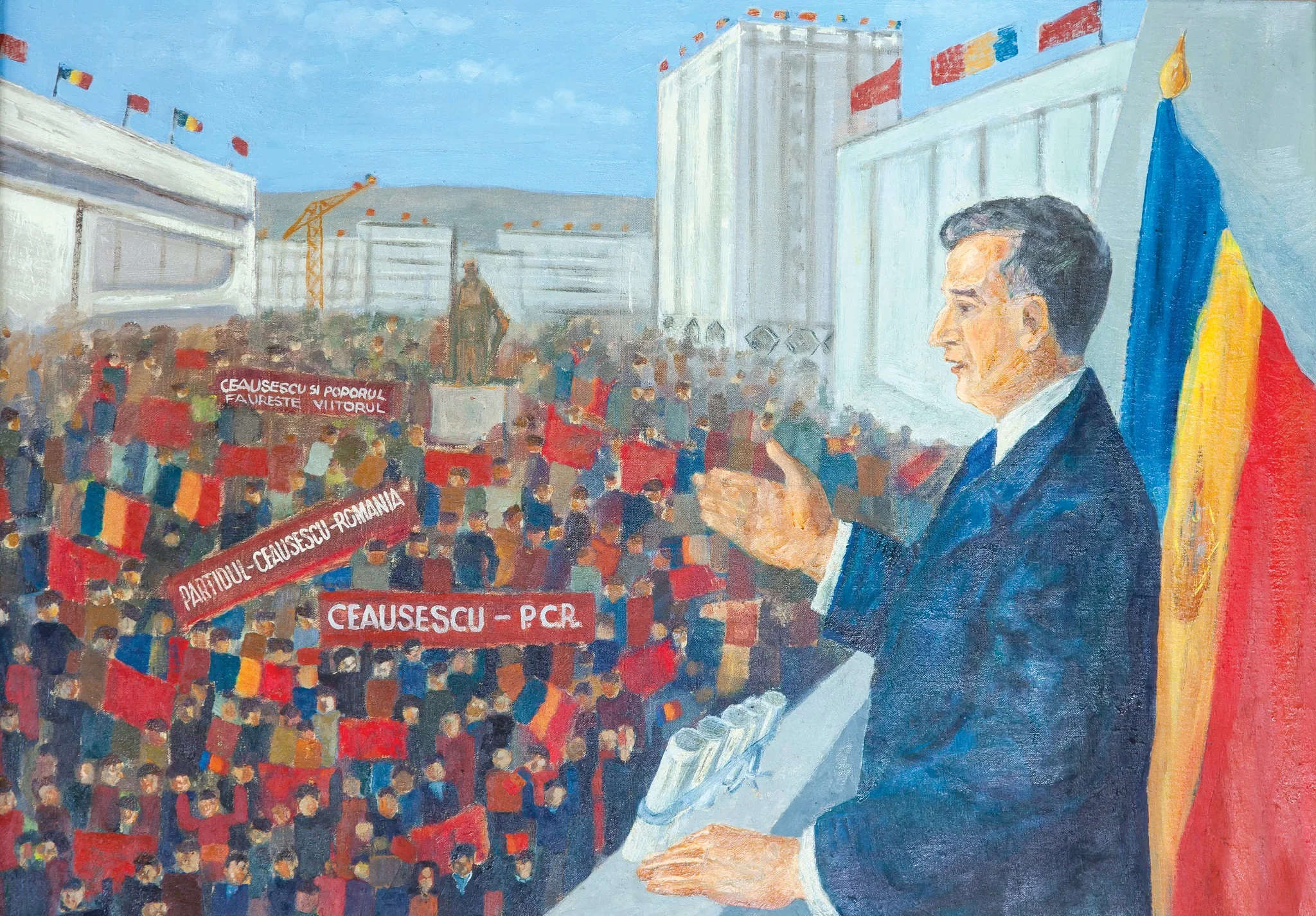 Tablou, ulei pe pânză, „Adunarea populară din Vaslui, iulie 1975”. Realizat de Cercul de Artă Plastică „Arta Vaslui”. Nicolae Ceaușescu vorbește de la balcon oamenilor muncii adunați în centrul civic din Vaslui. Se distinge statuia lui Ștefan cel Mare. Oamenii muncii flutură steaguri și pancarte (”Ceaușescu PCR”, ”Partidul - Ceaușescu - România”, ”Ceaușescu și Poporul Făurește Viitorul”. Oferit de Comitetul Județean de Partid Vaslui, 23 ianuarie 1978., detail