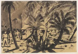 The Heavies Camp on fire at Hafir April 1885, by William S. Perry, watercolor, 1885