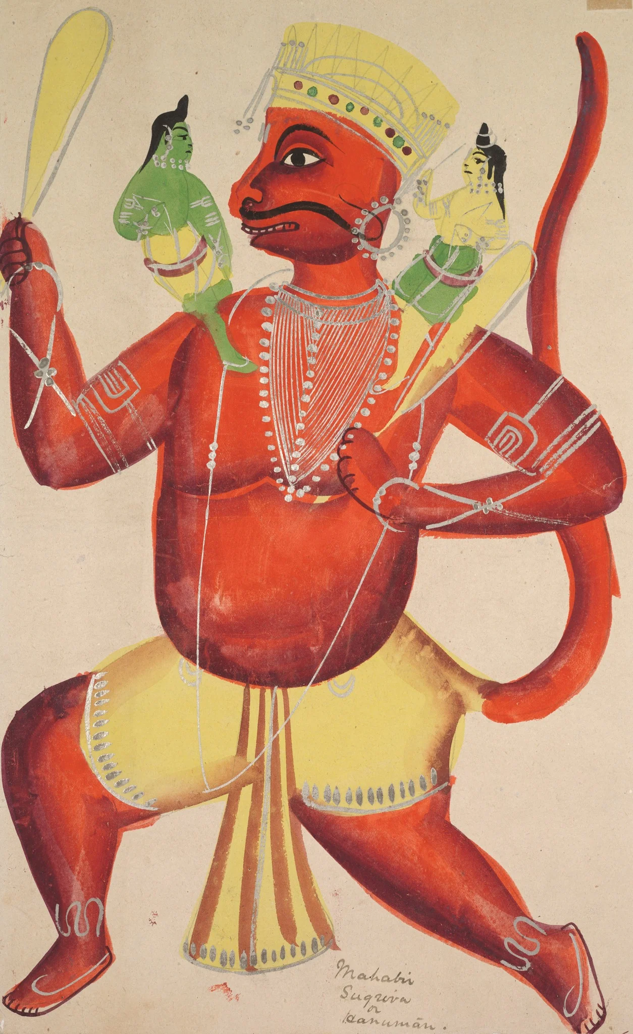 Hanuman with Rama and Lakshmana on his shoulders, from a Kalighat album, detail