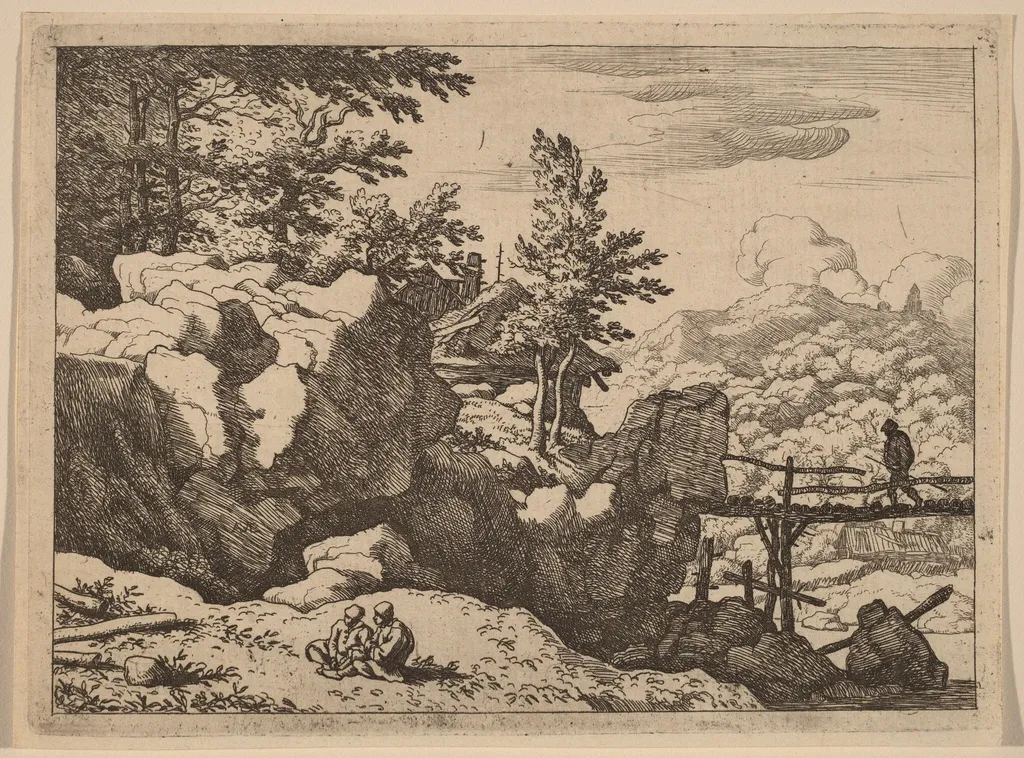 Man on a Small Wooden Bridge, by Allart van Everdingen, ink, 1650