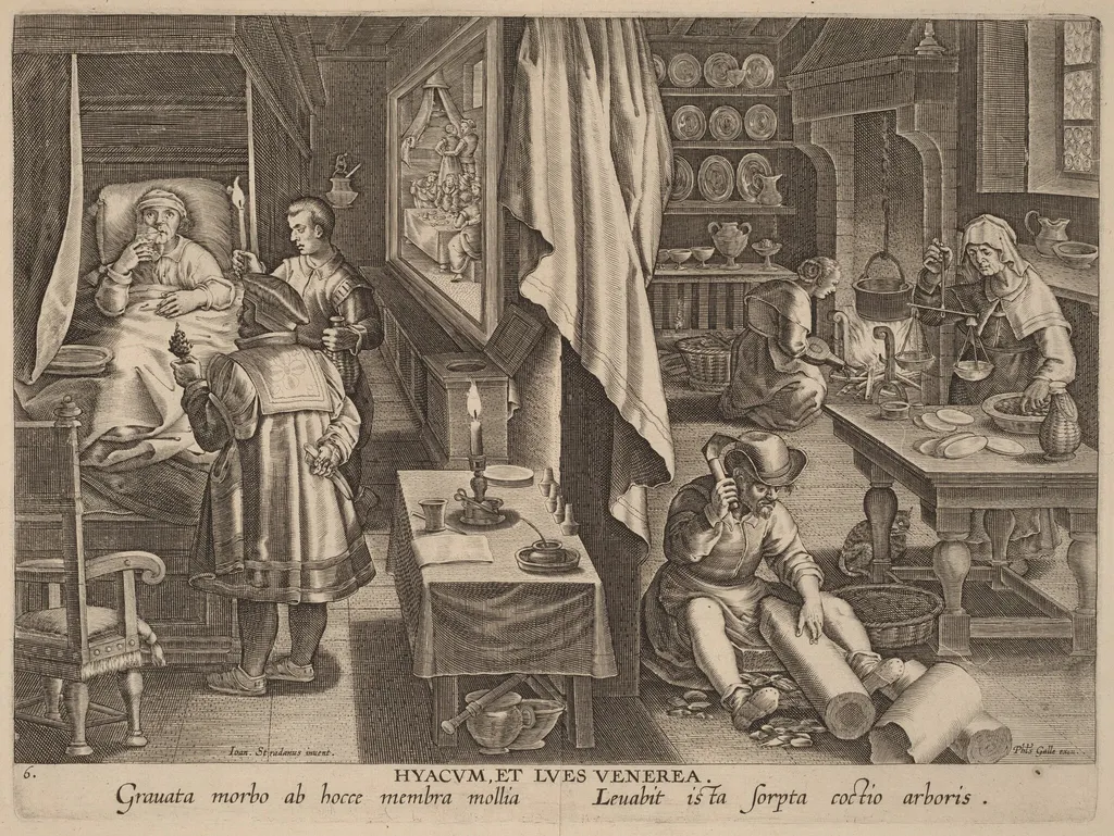 Hyacum, et Lues Venerea (Guaiacum and Venereal Infection), by Philip Galle, ink, 1592
