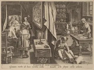 Hyacum, et Lues Venerea (Guaiacum and Venereal Infection), by Philip Galle, ink, 1592