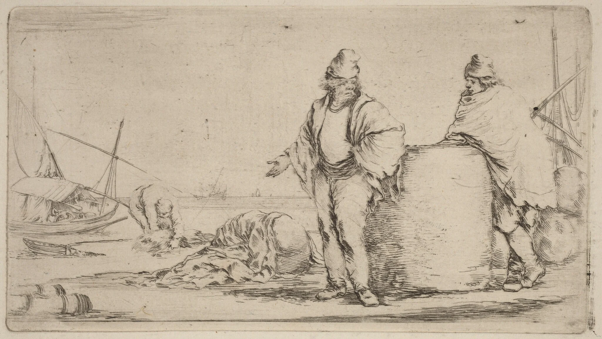 Two Sailors Standing near a Large Bale of Merchandise, detail
