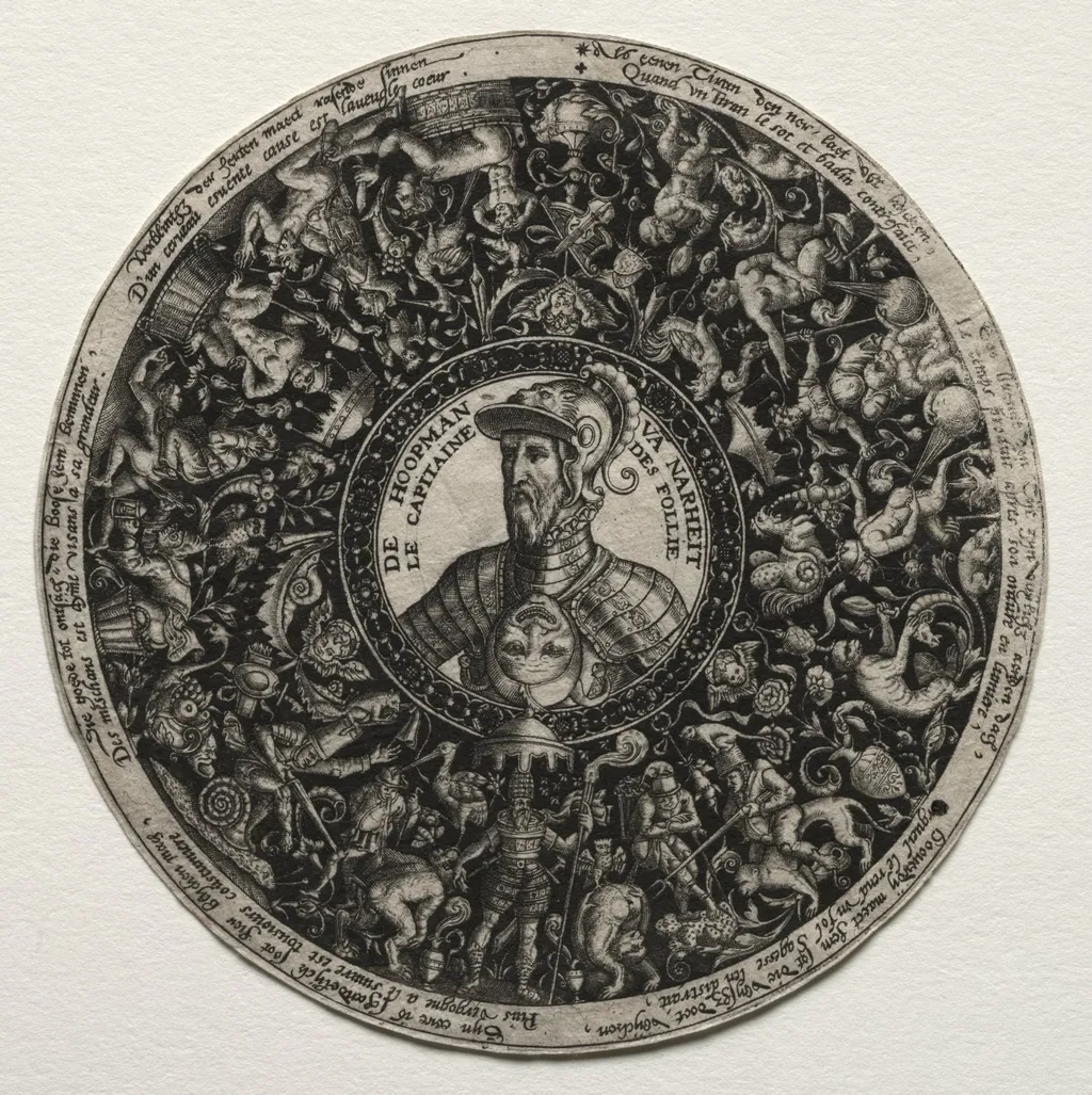 The Captain of Folly: Design for a Dish with Medallion, by Theodor de Bry, 1578