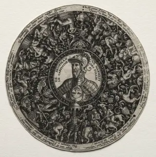 The Captain of Folly: Design for a Dish with Medallion, by Theodor de Bry, 1578