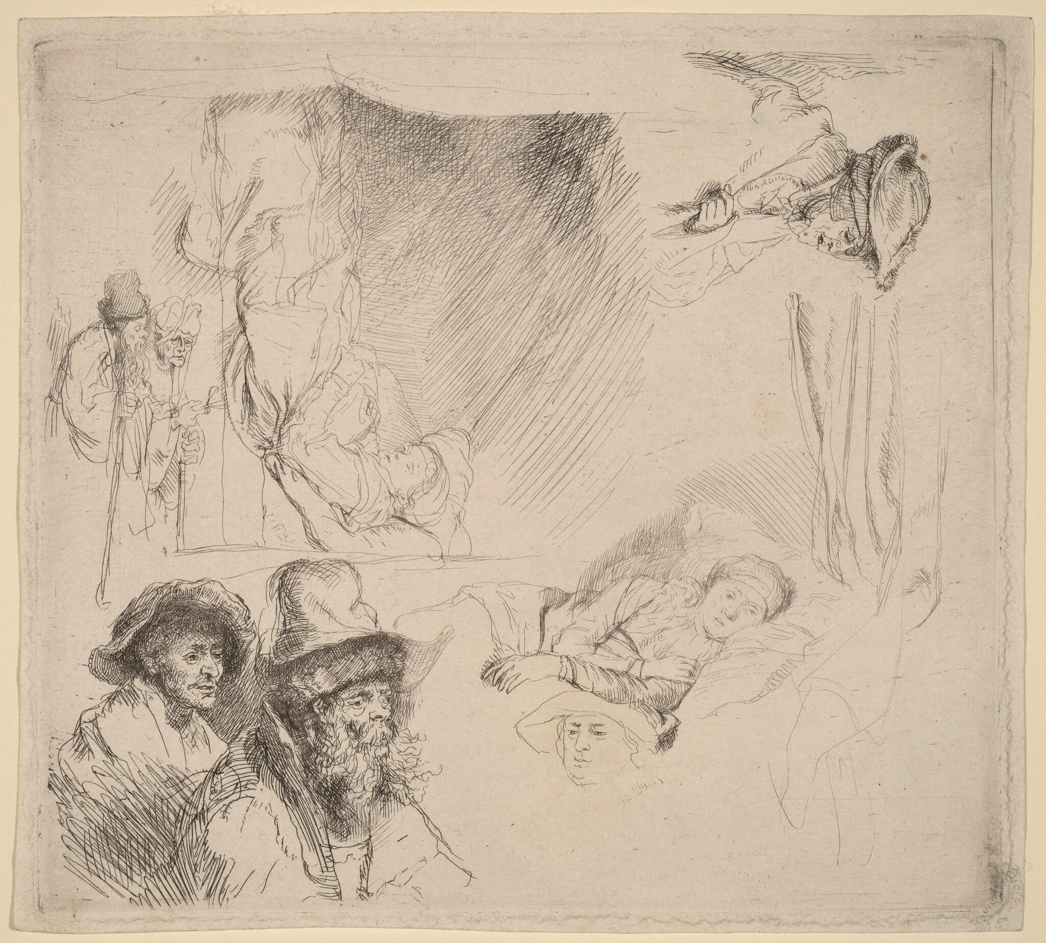 Sheet of Studies including a Woman Lying Ill in Bed, detail