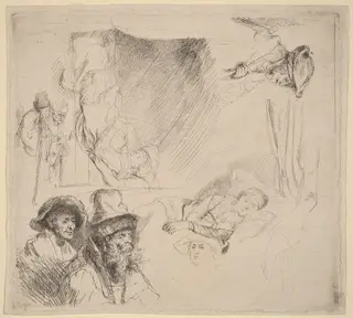 Sheet of Studies including a Woman Lying Ill in Bed, by Rembrandt van Rijn, ink, 1642