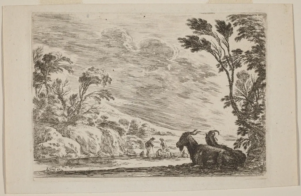 Two Goats Lying Down, by Stefano Della Bella, ink, 1642