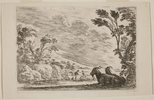 Two Goats Lying Down, by Stefano Della Bella, ink, 1642