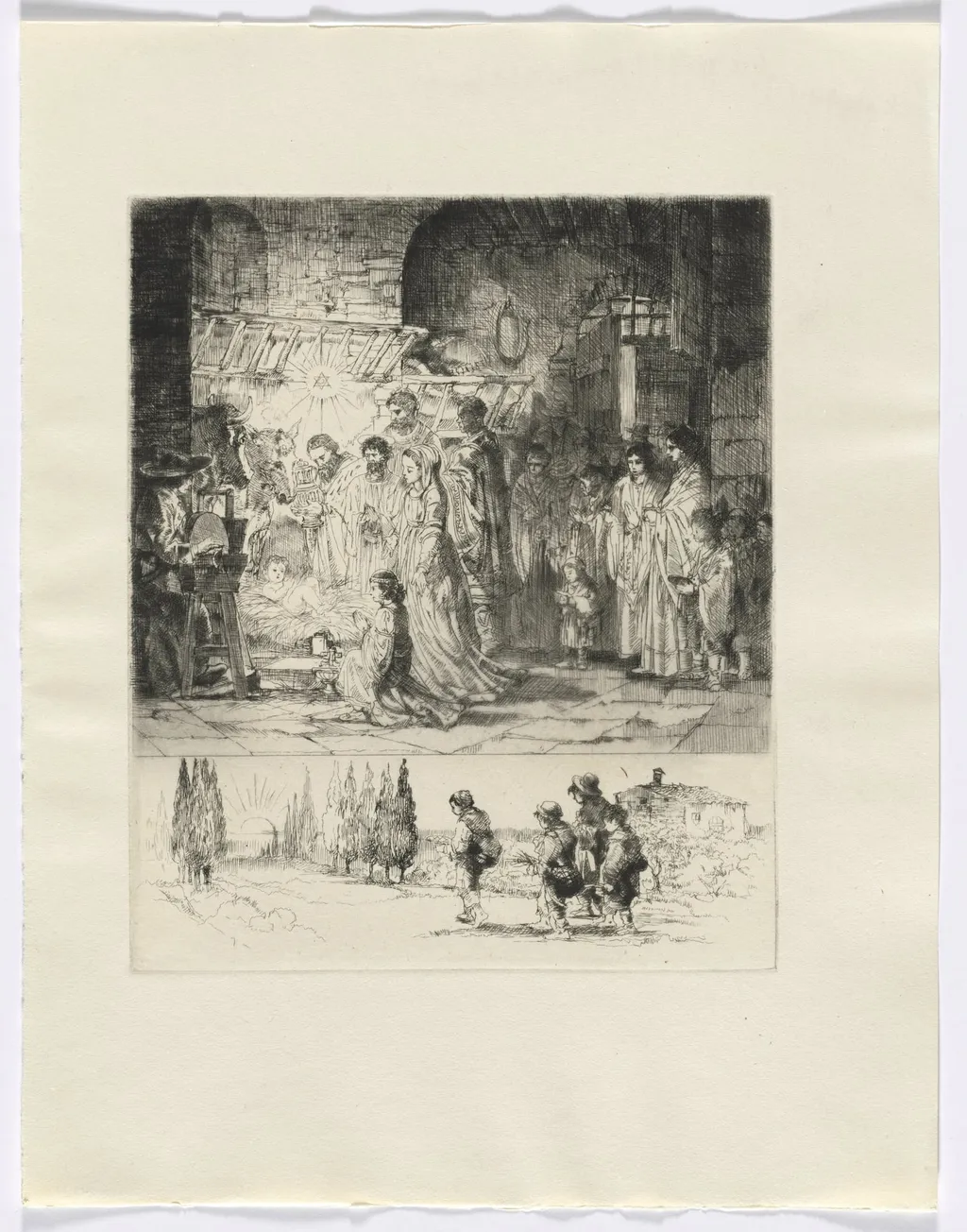 Frédéric Mistral: Mémoires et Recits by Frédéric Mistral: nativity/ figures walking on a road (insert after p. 32), by Auguste Brouet, 1937