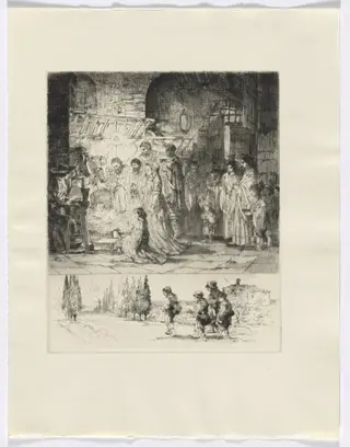 Frédéric Mistral: Mémoires et Recits by Frédéric Mistral: nativity/ figures walking on a road (insert after p. 32), by Auguste Brouet, 1937