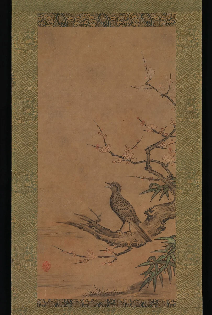 狩野松栄筆 梅鵯図|Brown-Eared Bulbul (Hiyodori) on a Branch of Plum, detail