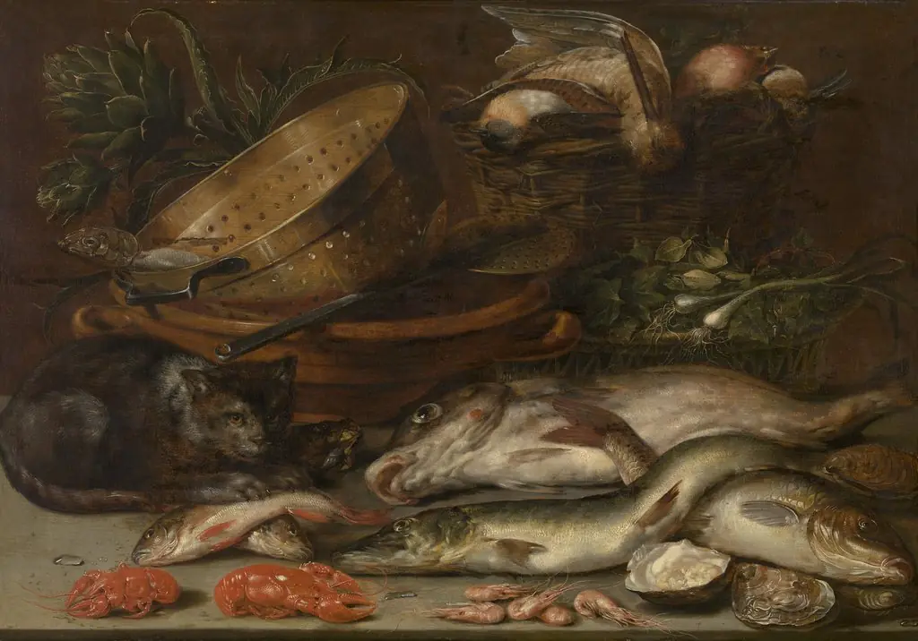 Still life of fish, dead birds, vegetables, kitchenware and a cat, by Alexander Adriaenssen, oil, 1650