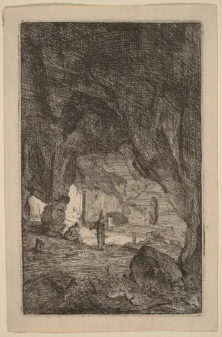 Grotto with Friars, by Bartholomeus Breenbergh, ink, 1640
