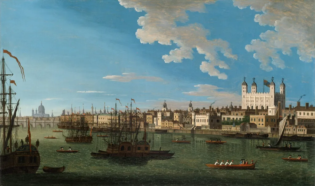 The Thames at the Tower of London with London Bridge and St. Paul's in the Distance, by Joseph Nickolls, oil, 1744