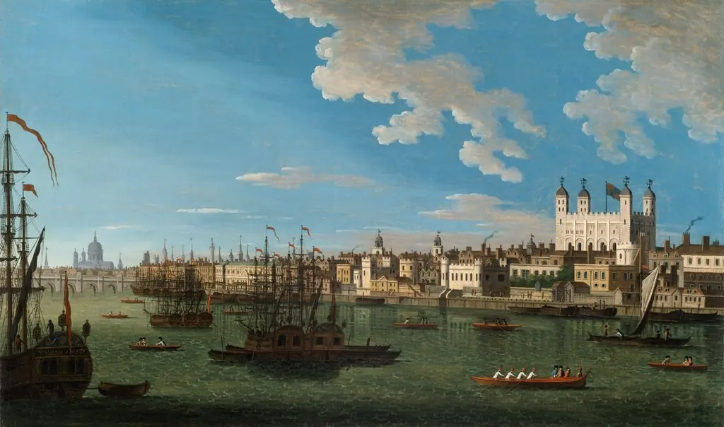 The Thames at the Tower of London with London Bridge and St. Paul's in the Distance, by Joseph Nickolls, oil, 1744