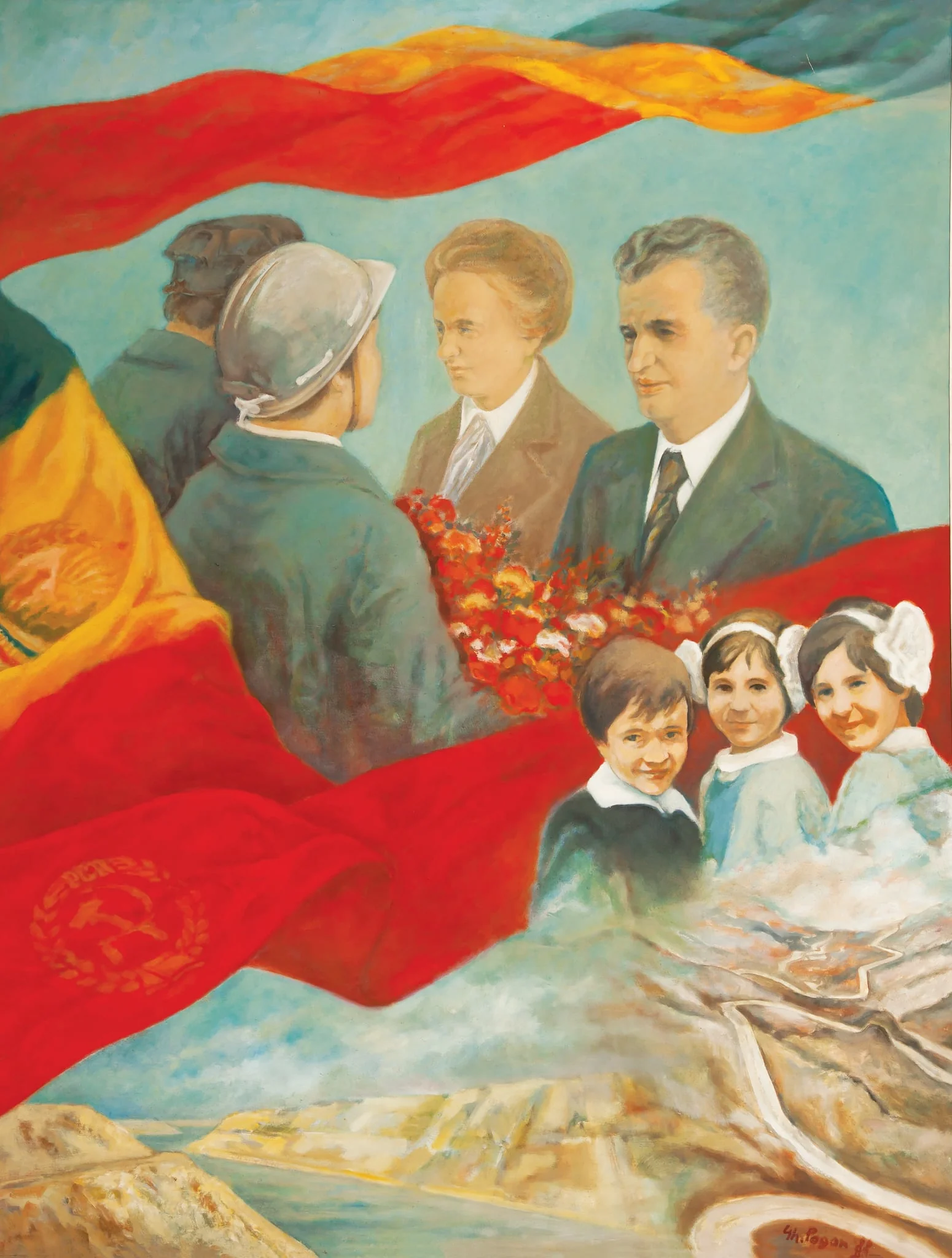Tablou „Omagiul Președintelui Țării”, ulei pe pânză; semnat Gheorghe Pogan și datat în partea dreaptă jos. Tabloul îi prezintă pe soții Ceaușescu întâmpinați cu flori de două personaje masculine (un miner și un petrolist), învăluiți de tricolor și steagul PCR. În dreapta lui Nicolae Ceaușescu (dreapta tabloului) trei elevi. Partea de jos a tabloului este completată cu reprezentarea Transfăgărășanului și a Canalului Dunăre - Marea Neagră. Comandat și oferit de Comitetul Județean de Partid Hunedoara (1988)., detail