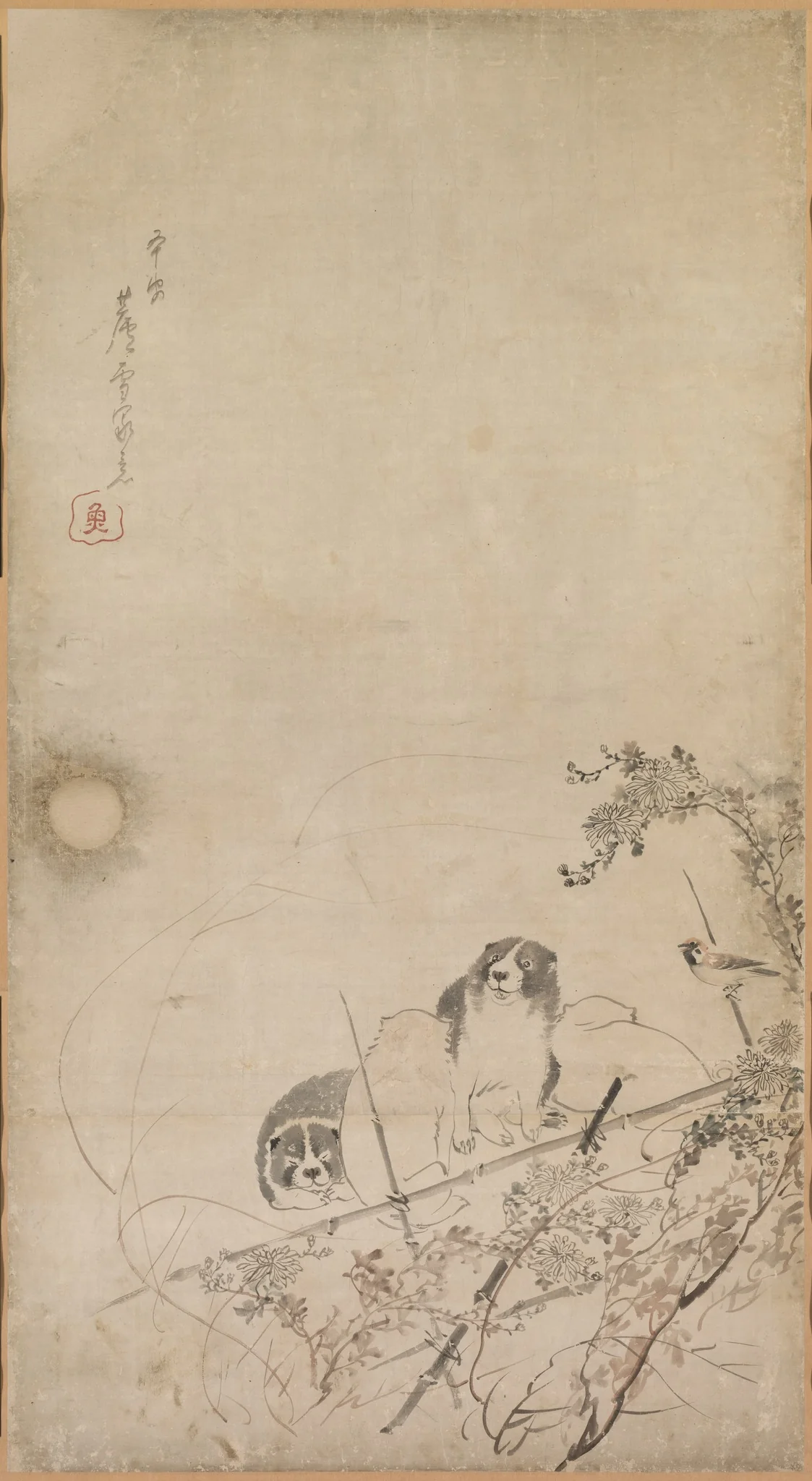 Puppies, Sparrows, and Chrysanthemums, detail