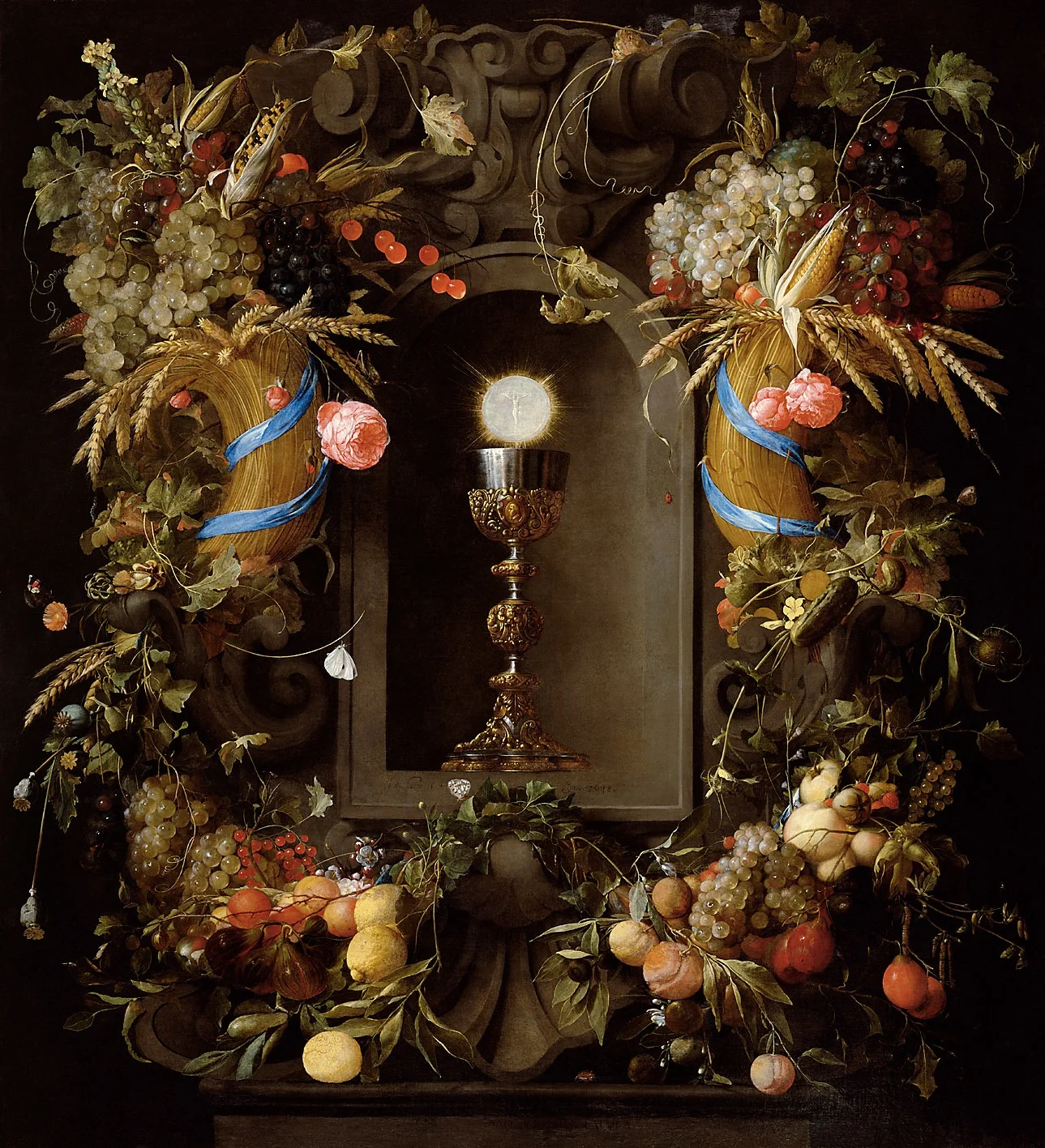 Chalice and Host in a Niche, within a Cartouche of Roses and Fruit, detail