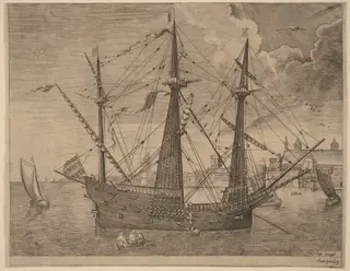 Armed Three-Master Anchored near a City, by Frans Huys, ink