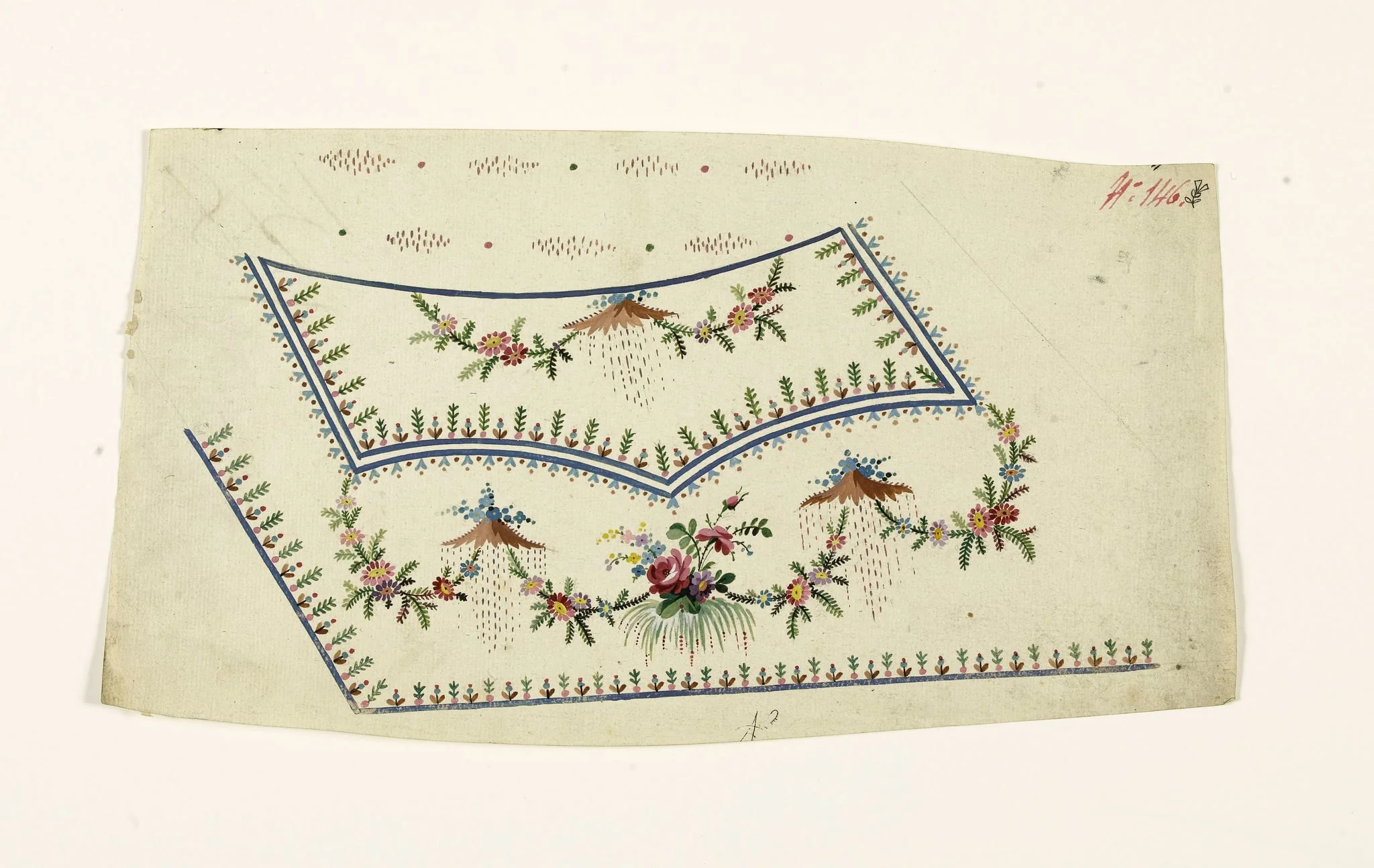 Composition avec bouquet et guirlandes de fleurs, bleuets sur tertres et frises de fleurs stylisées, projets de broderies de gilet, XVIIIème siècle, detail