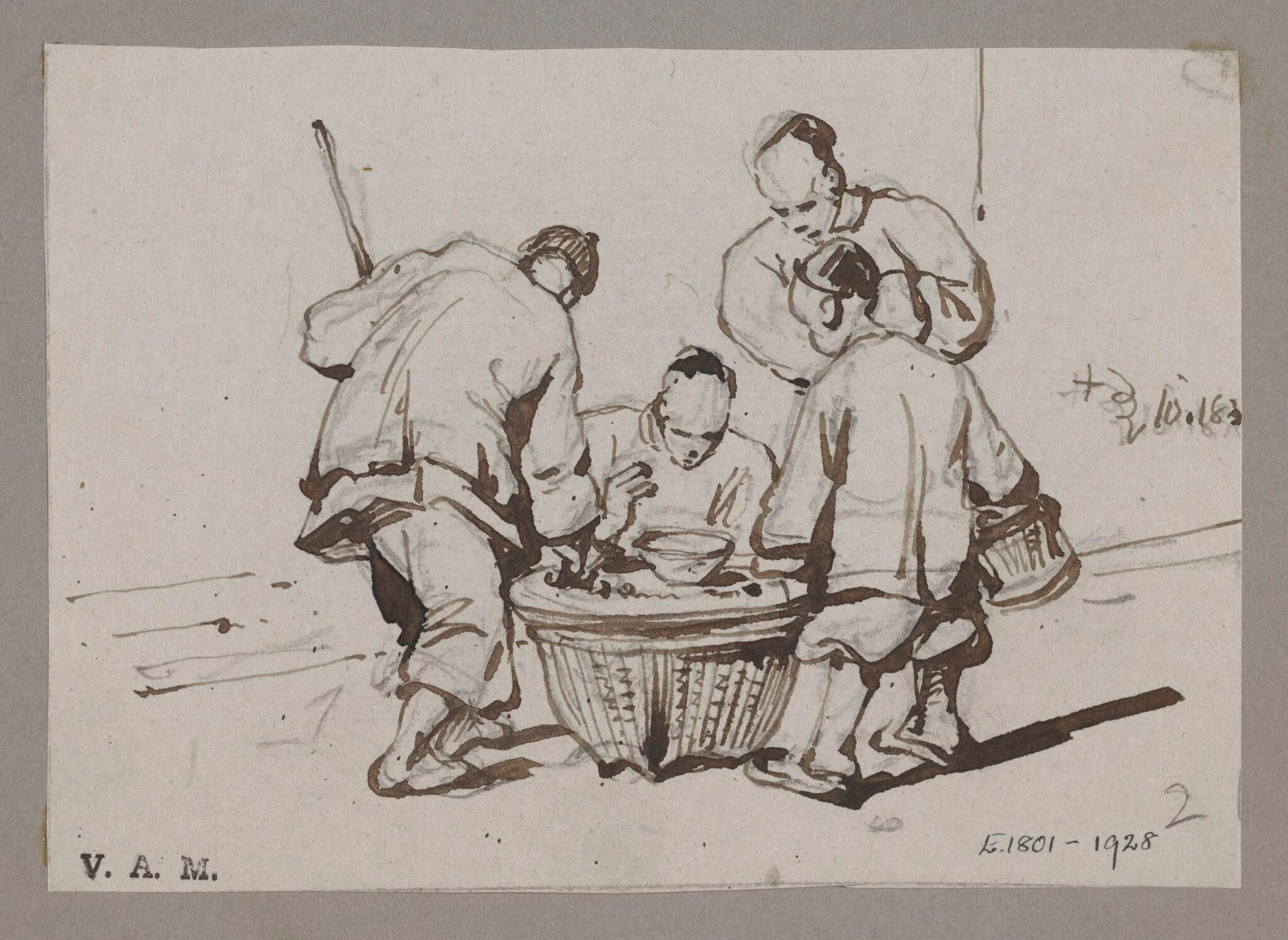 Chinese figures around a covered basket, detail