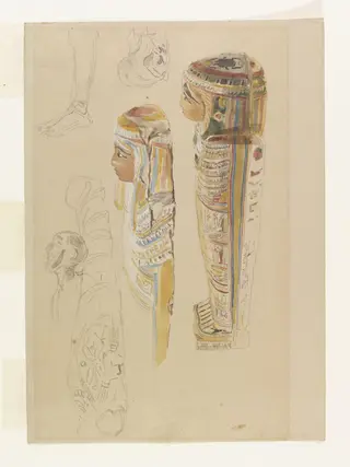Studies of Mummy cases and Mummies, by Edward Angelo Goodall, watercolor, 1875