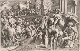 The Trojans Hauling the Wooden Horse into Troy, by Giulio Bonasone, ink, 1545