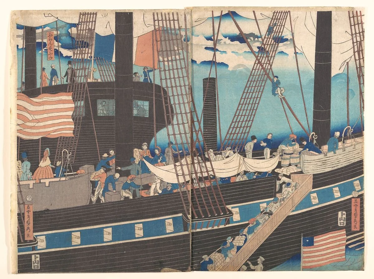 「横浜交易西洋人荷物運送之圖」|“Yokohama Trade: Westerners Loading Cargo”, detail