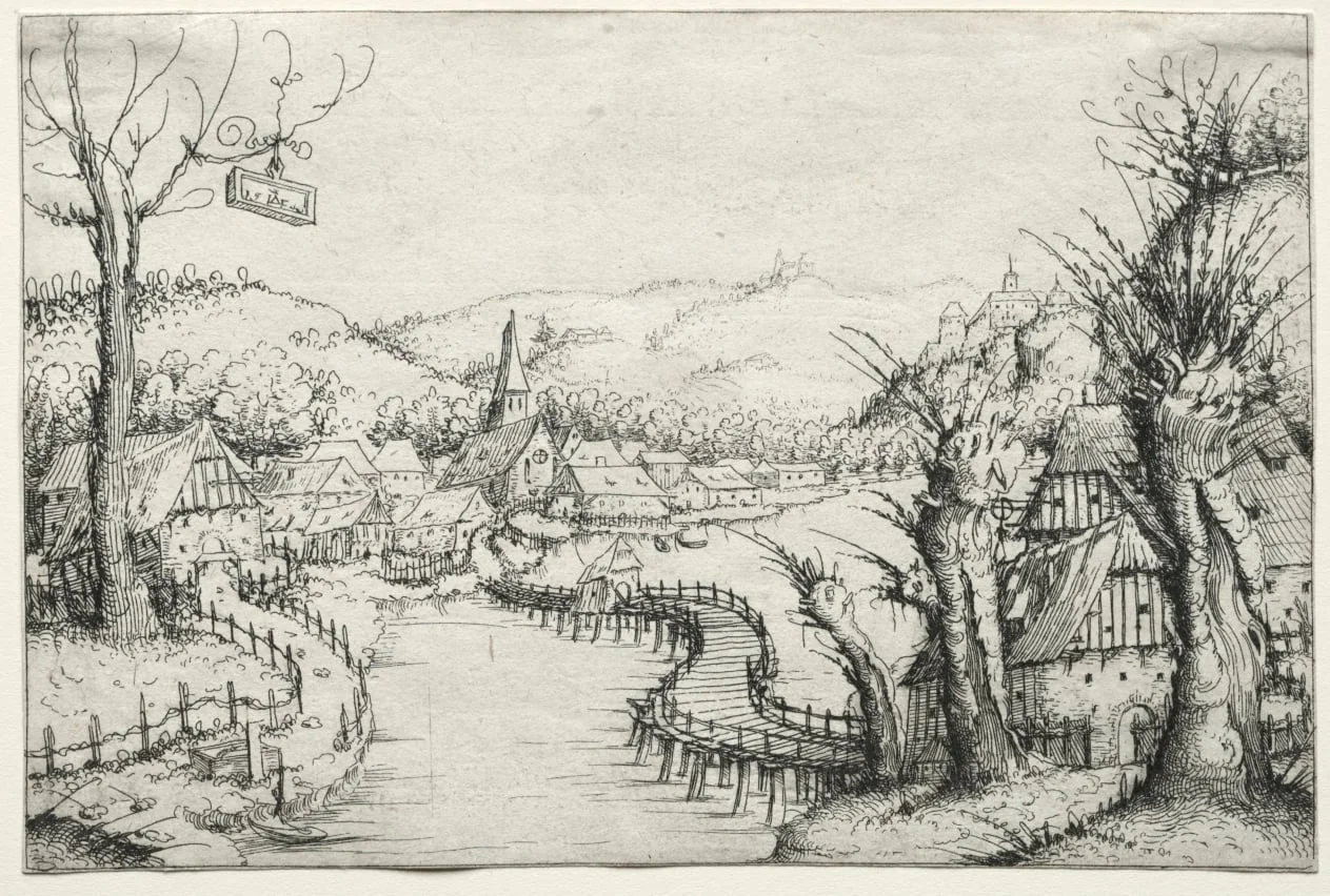 River Landscape with Three Bare Willow Trees at Right and a Long Winding Wooden Bridge at Center Leading to a Village, detail