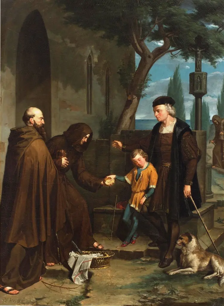 Colón en las puertas del convento de Santa María de la Rábida pidiendo pan y agua para su hijo, by Benet Mercadé, oil, 1858
