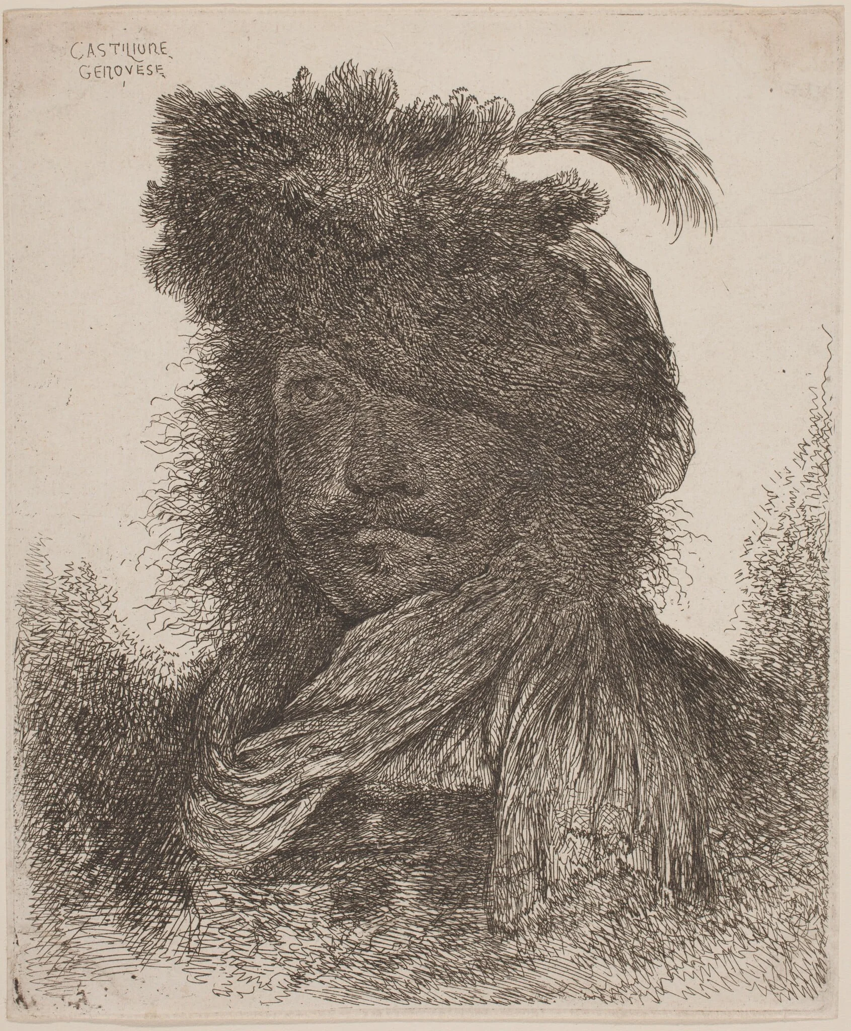 Bearded Man with Shadowed Face, Wearing a Scarf and a Plumed Hat, detail