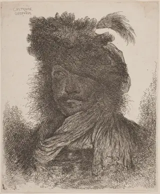 Bearded Man with Shadowed Face, Wearing a Scarf and a Plumed Hat, by Giovanni Benedetto Castiglione, ink, 1646
