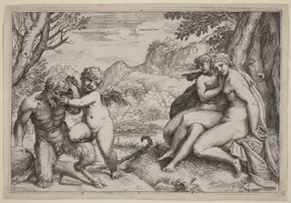 Pan Taming Eros, by Agostino Carracci, ink, 1599