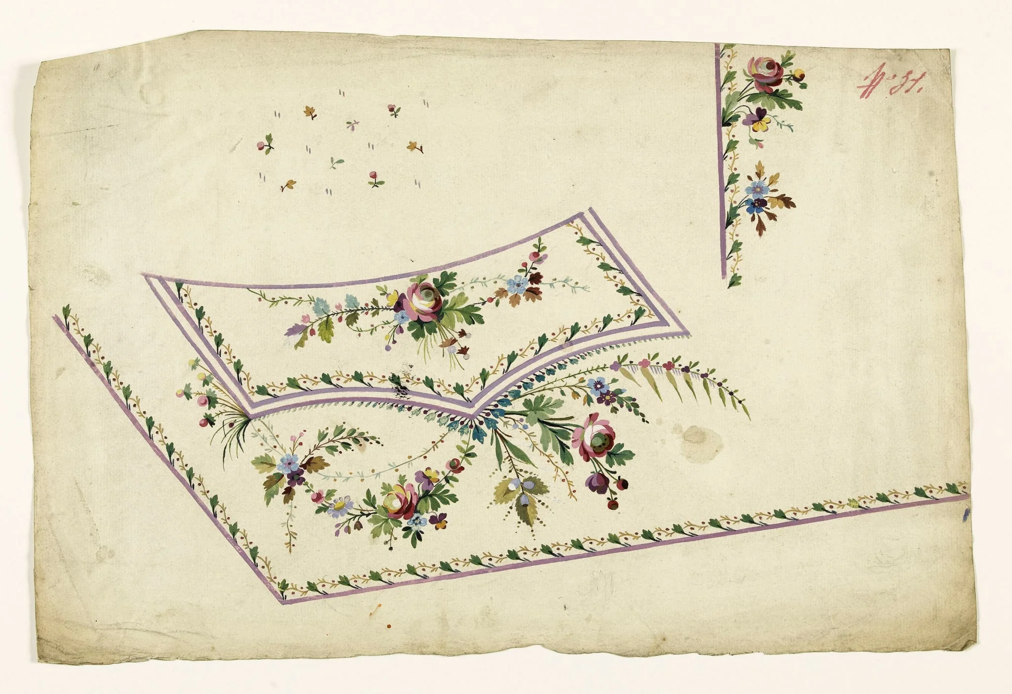Composition de guirlandes de fleurs, frises de feuilles et de baies rouges, projets de broderies de gilet, XVIIIème siècle, detail