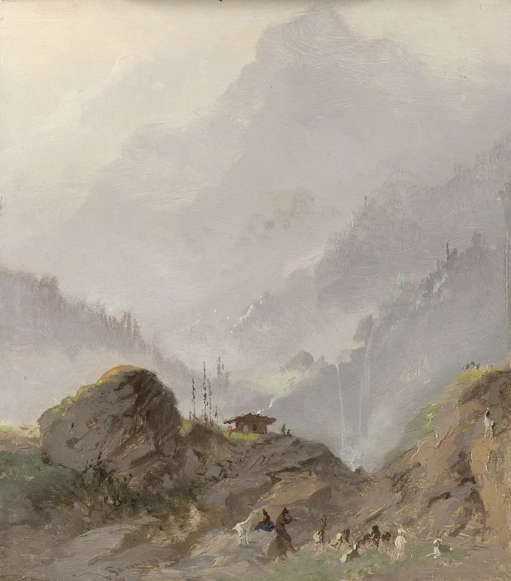 Alpine Landscape in Tyrol with Chamois Herd, by Johannes Tavenraat, oil, 1858