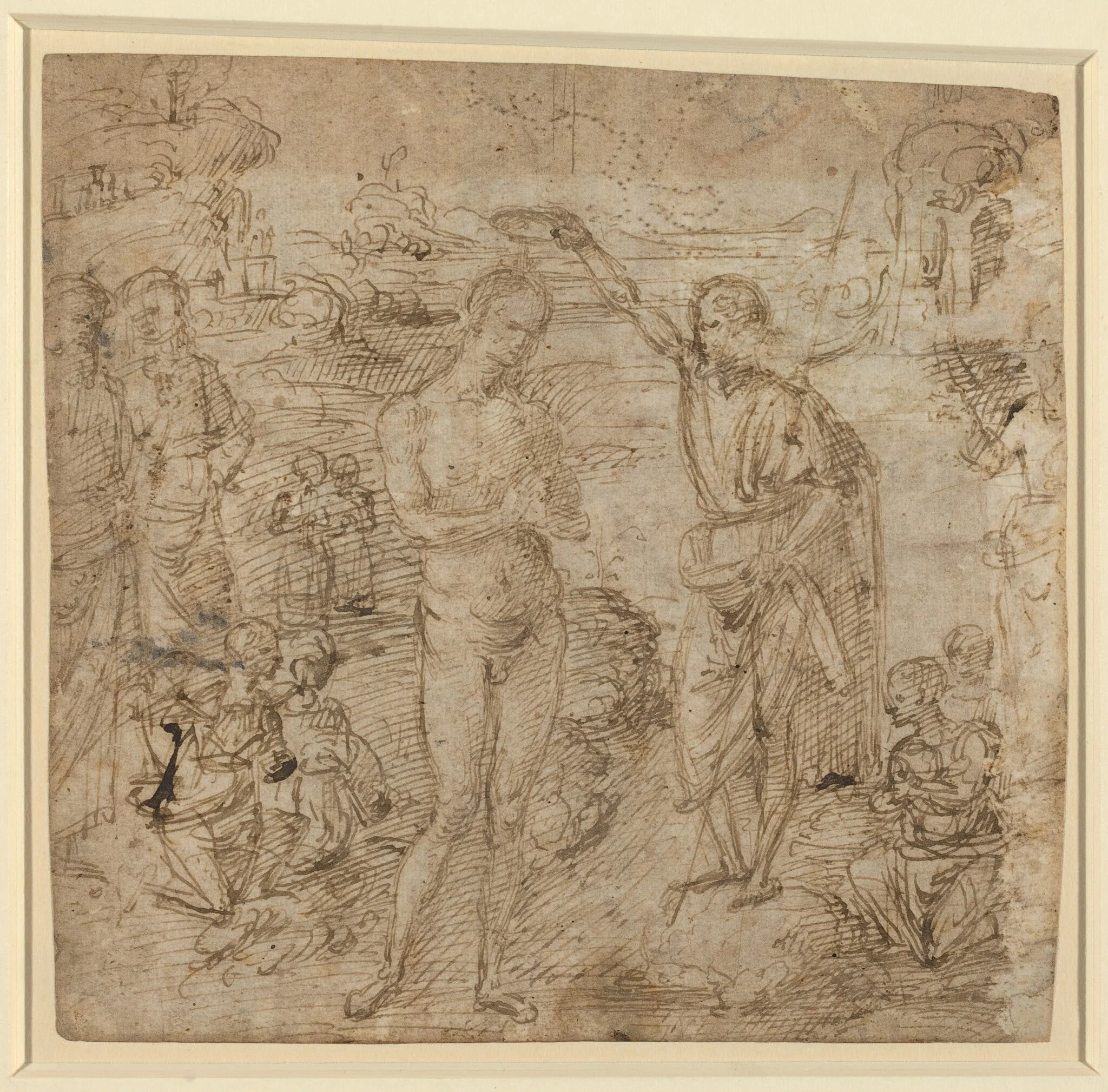 a) The Baptism of Christ; b) Draped Figure Holding a Book and Man Wielding an Ax with a Figure, detail