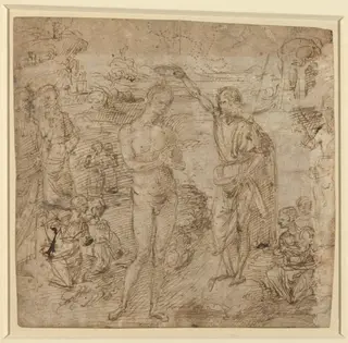 a) The Baptism of Christ; b) Draped Figure Holding a Book and Man Wielding an Ax with a Figure, by Pietro Perugino, ink, 1475