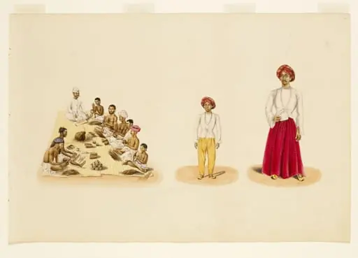 7 seated men making bidis (cigarettes)