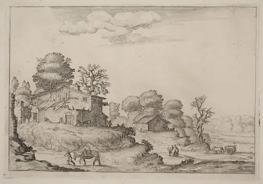 Rustic Landscape with Peasants and Horses, by Ercole Bazicaluva, ink, 1638